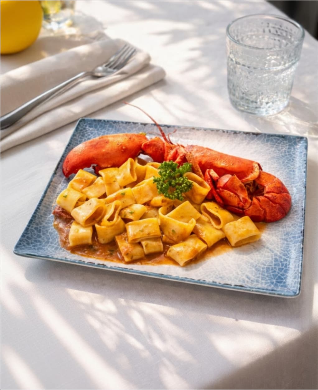 Paccheri all’astice su piatto blu, foto professionale per il menu